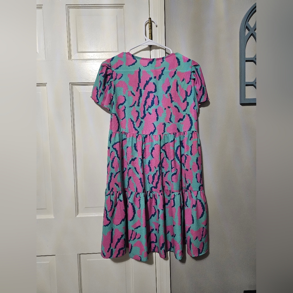 Umgee Pink Midi Sundress with V-Neck and Short Sleeves - Picture 2 of 3